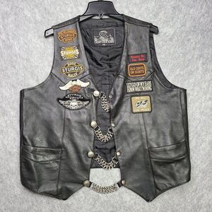 Vintage Black Biker Motorcycle Leather King Vest Size 48 & Harley Davidson Patch